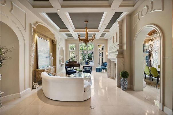 Chandelier, Fireplace, Interior, Living room, Pendant Lights, Piano, Recessed Lighting