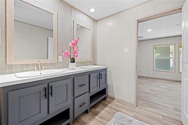 Bathroom, Dual Sink Vanities, Interior, Recessed Lighting, Wood Texture Flooring