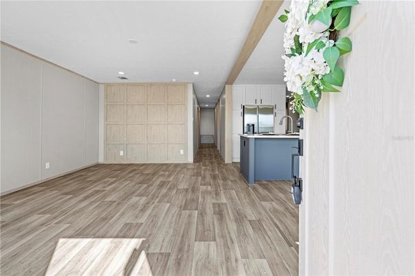 Interior, Kitchen, Recessed Lighting, Stainless Steel Appliances, Wooden Beams, Wood Texture Flooring