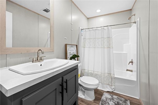 Bathroom, Interior, Recessed Lighting, Wood Texture Flooring