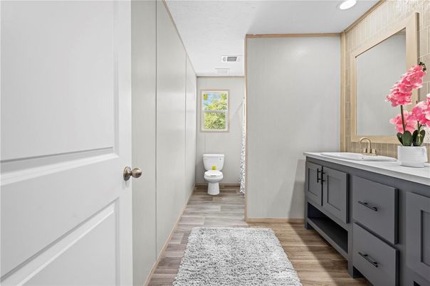 Bathroom, Interior, Recessed Lighting, Wood Texture Flooring