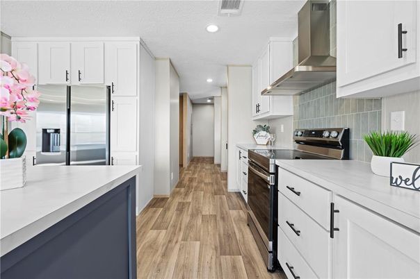 Interior, Kitchen, Recessed Lighting, Stainless Steel Appliances, Wood Texture Flooring