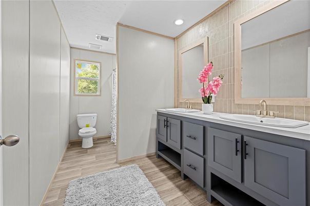 Bathroom, Dual Sink Vanities, Interior, Recessed Lighting, Wood Texture Flooring