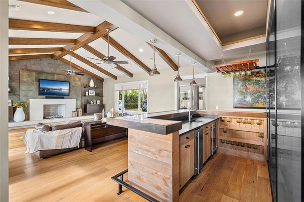 Fireplace, Interior, Kitchen, Living room, Pendant Lights, Recessed Lighting, Wooden Beams, Wood Texture Flooring