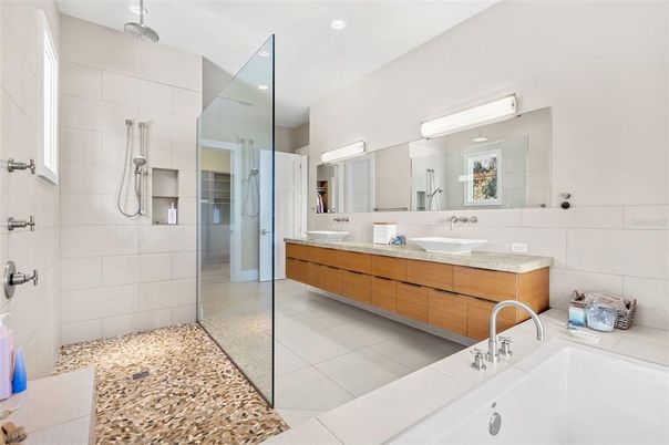 Bathroom, Dual Sink Vanities, Glass Shower, Interior, Recessed Lighting