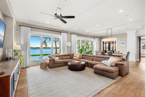 Dining room, Interior, Living room, Pendant Lights, Recessed Lighting, Water, Wood Texture Flooring