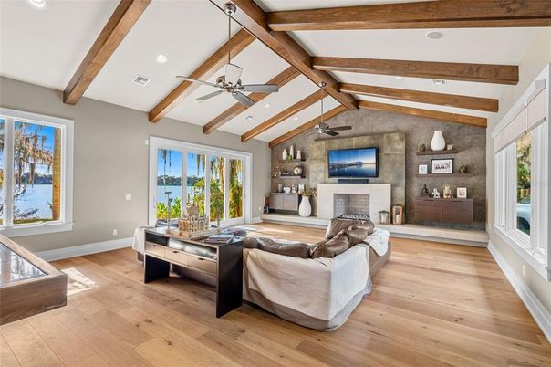 Fireplace, Interior, Living room, Recessed Lighting, Stone Walls, Wooden Beams, Wood Texture Flooring