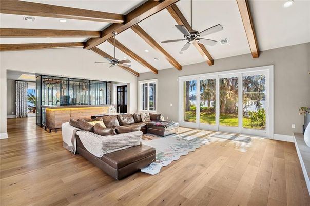 Interior, Living room, Recessed Lighting, Wooden Beams, Wood Texture Flooring