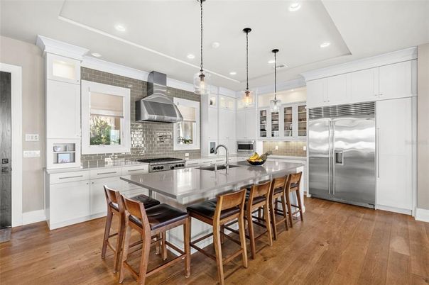 Interior, Kitchen, Pendant Lights, Recessed Lighting, Stainless Steel Appliances, Wood Texture Flooring