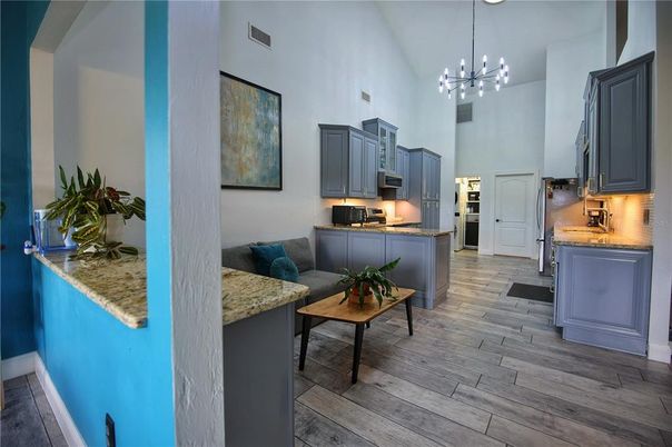Interior, Kitchen, Pendant Lights, Wood Texture Flooring