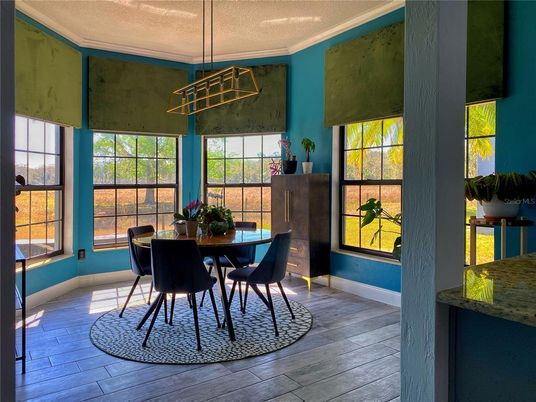 Dining room, Interior, Pendant Lights, Wood Texture Flooring