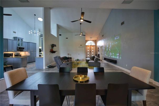 Dining room, Interior, Kitchen, Living room, Pendant Lights, Wood Texture Flooring
