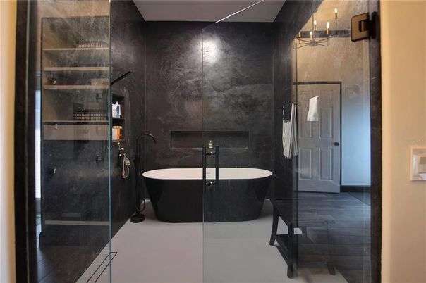 Bathroom, Free Standing Baths, Glass Shower, Interior, Wood Texture Flooring