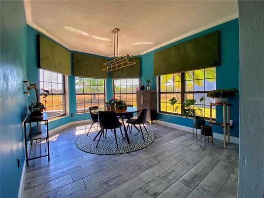 Dining room, Interior, Pendant Lights, Wood Texture Flooring