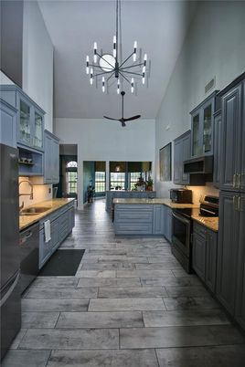 Chandelier, Interior, Kitchen, Pendant Lights, Wood Texture Flooring
