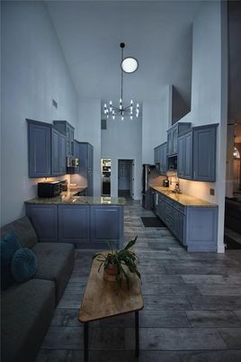 Interior, Kitchen, Living room, Pendant Lights, Wood Texture Flooring