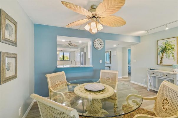 Dining room, Interior, Recessed Lighting, Wood Texture Flooring