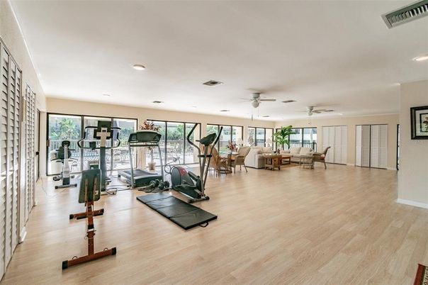 Dining room, Fitness Equipment, Interior, Recessed Lighting, Wood Texture Flooring