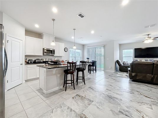 Interior, Kitchen, Living room, Marble, Pendant Lights, Recessed Lighting, Stainless Steel Appliances