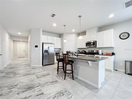 Interior, Kitchen, Marble, Pendant Lights, Recessed Lighting, Stainless Steel Appliances