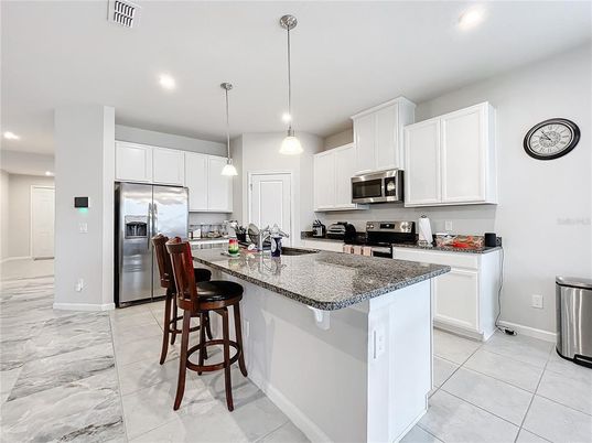 Interior, Kitchen, Marble, Pendant Lights, Recessed Lighting, Stainless Steel Appliances