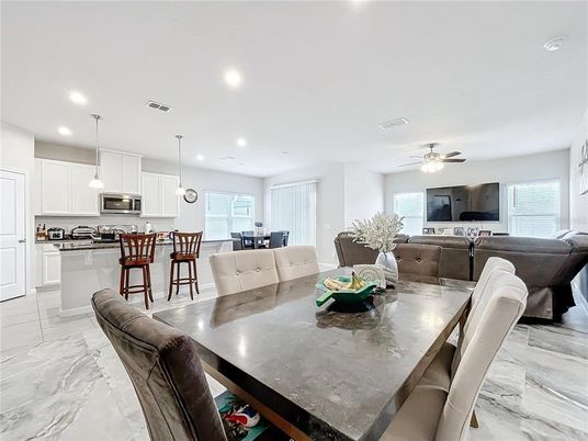 Dining room, Interior, Kitchen, Living room, Marble, Pendant Lights, Recessed Lighting, Stainless Steel Appliances