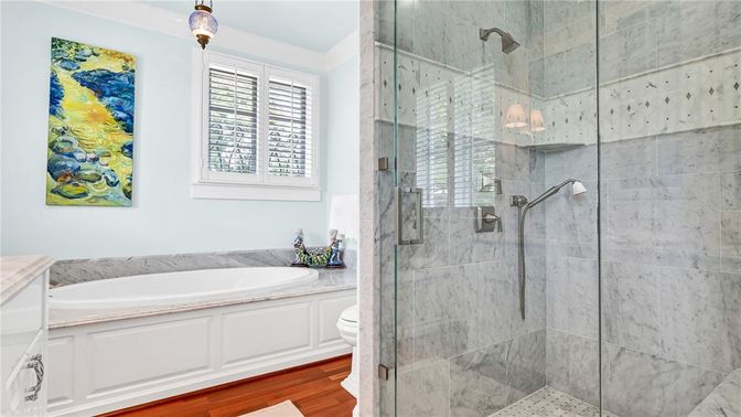 Bathroom, Glass Shower, Interior, Pendant Lights, Wood Texture Flooring