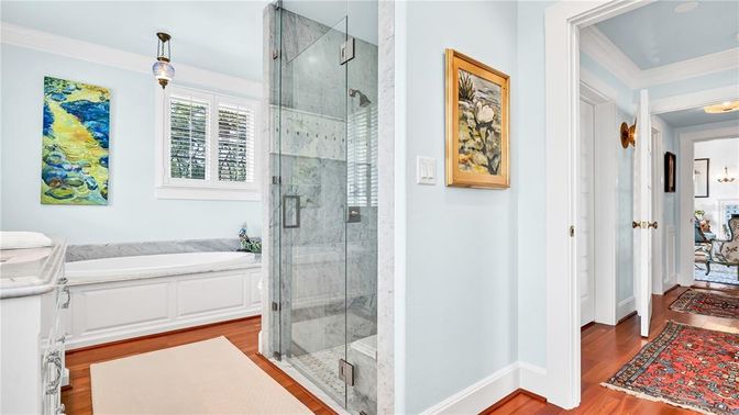 Bathroom, Glass Shower, Interior, Pendant Lights, Wood Texture Flooring