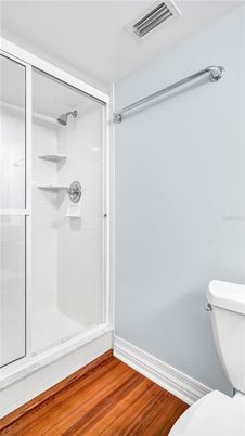 Bathroom, Glass Shower, Interior, Wood Texture Flooring