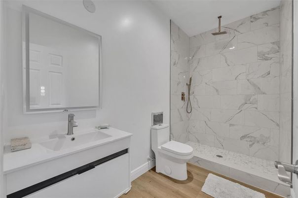 Bathroom, Interior, Marble Walls, Wood Texture Flooring