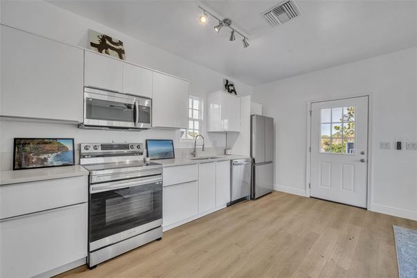 Interior, Kitchen, Stainless Steel Appliances, Wood Texture Flooring
