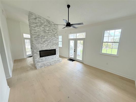 Empty room, Fireplace, Interior, Stone Walls, Wood Texture Flooring