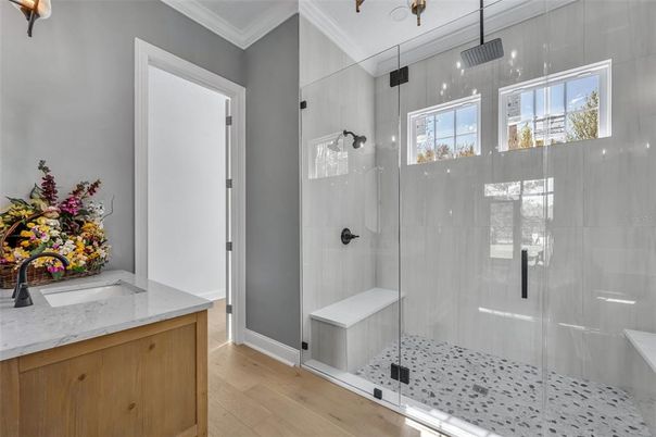 Bathroom, Glass Shower, Interior, Wood Texture Flooring