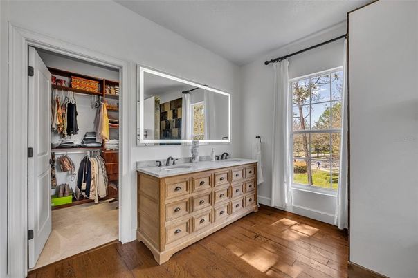 Bathroom, Dual Sink Vanities, Interior, Walk-in Closets, Wood Texture Flooring
