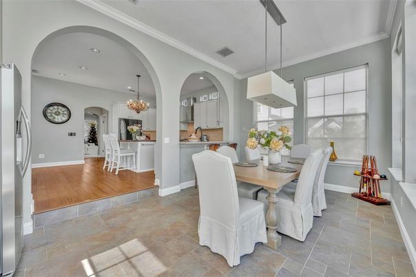 Chandelier, Dining room, Interior, Kitchen, Pendant Lights, Recessed Lighting, Wood Texture Flooring