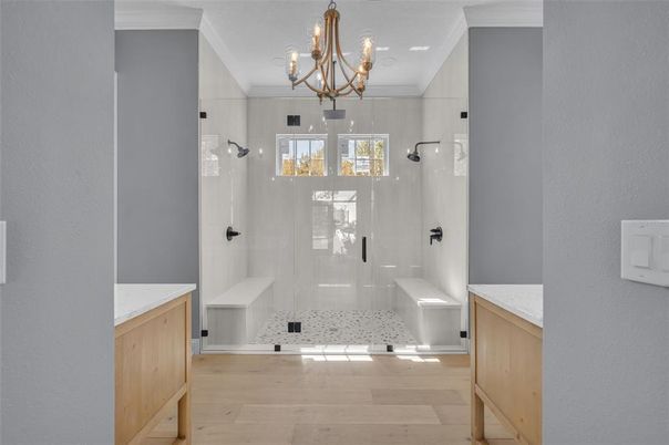 Bathroom, Chandelier, Glass Shower, Interior, Wood Texture Flooring