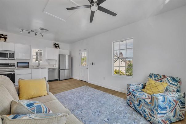Interior, Kitchen, Living room, Stainless Steel Appliances, Wood Texture Flooring