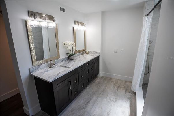 Bathroom, Dual Sink Vanities, Interior, Wood Texture Flooring