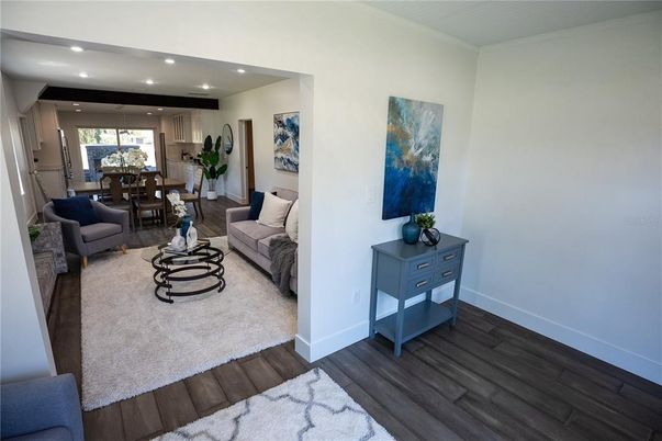 Dining room, Interior, Living room, Recessed Lighting, Wood Texture Flooring