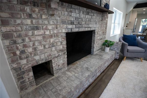 Fireplace, Interior, Recessed Lighting, Stone Walls