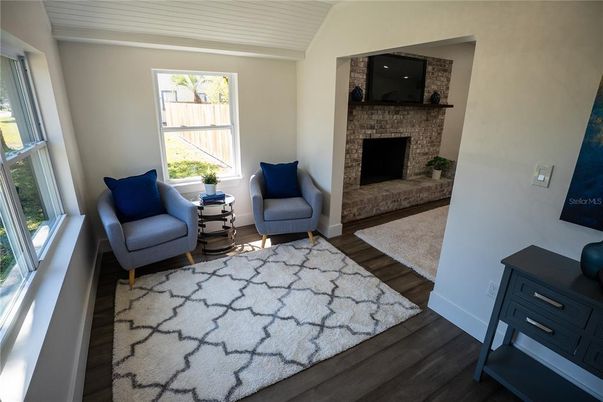 Fireplace, Interior, Living room, Stone Walls, Wood Texture Flooring