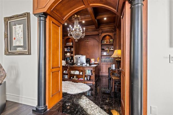 Chandelier, Home Office, Interior, Recessed Lighting, Wooden Beams, Wooden Ceilings, Wood Texture Flooring, Wooden Walls