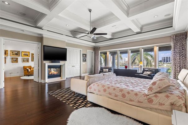 Bedroom, Fireplace, Interior, Living room, Recessed Lighting, Wood Texture Flooring