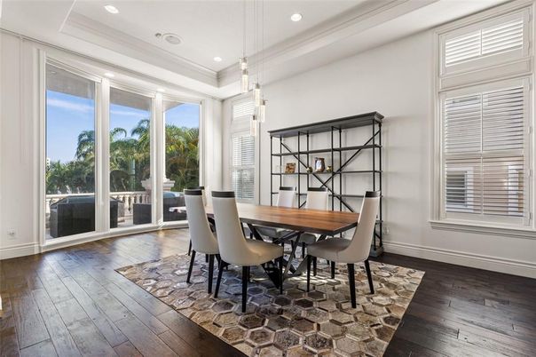 Dining room, Interior, Pendant Lights, Recessed Lighting, Wood Texture Flooring