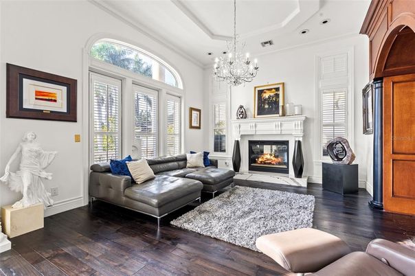 Chandelier, Fireplace, Interior, Living room, Wood Texture Flooring