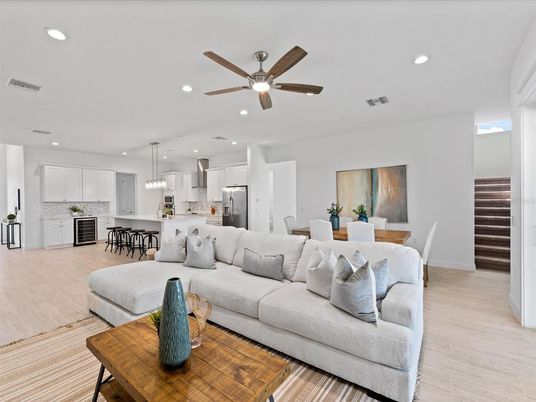 Dining room, Interior, Kitchen, Living room, Pendant Lights, Recessed Lighting, Stainless Steel Appliances, Wood Texture Flooring
