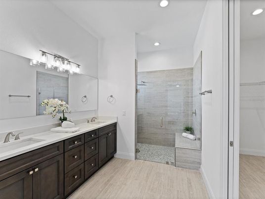 Bathroom, Dual Sink Vanities, Glass Shower, Interior, Recessed Lighting, Wood Texture Flooring