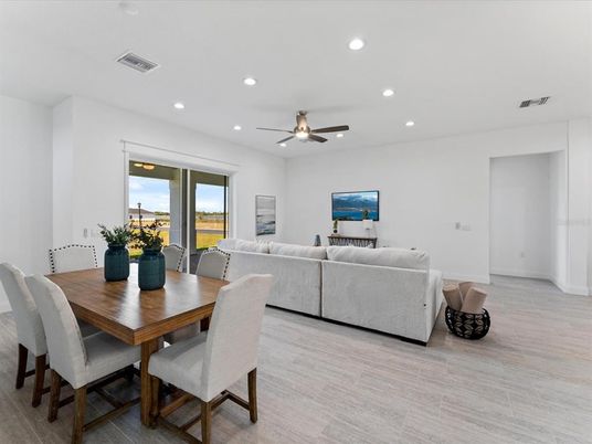 Dining room, Interior, Living room, Recessed Lighting, Wood Texture Flooring