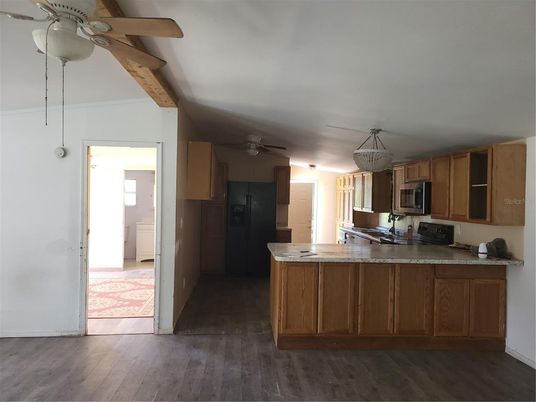 Chandelier, Interior, Kitchen, Wooden Beams, Wood Texture Flooring