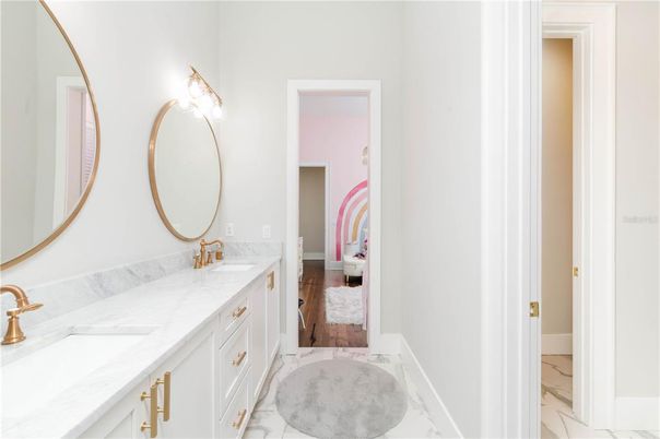 Bathroom, Dual Sink Vanities, Interior, Marble, Wood Texture Flooring